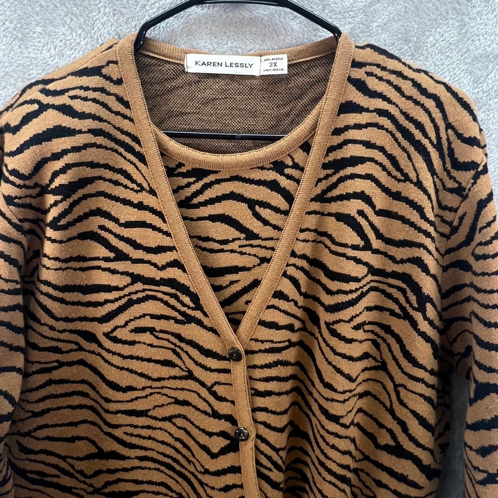 VTG Karen Lessly 2X Twin Set Zebra Print‎ Safari Mob Wife Layers Office Wear